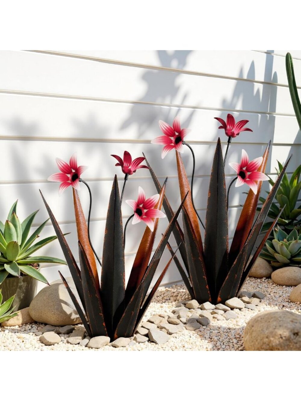 Set of 2 Hand-Painted Metal Agave Plant Sculptures for Outdoor Garden Decor